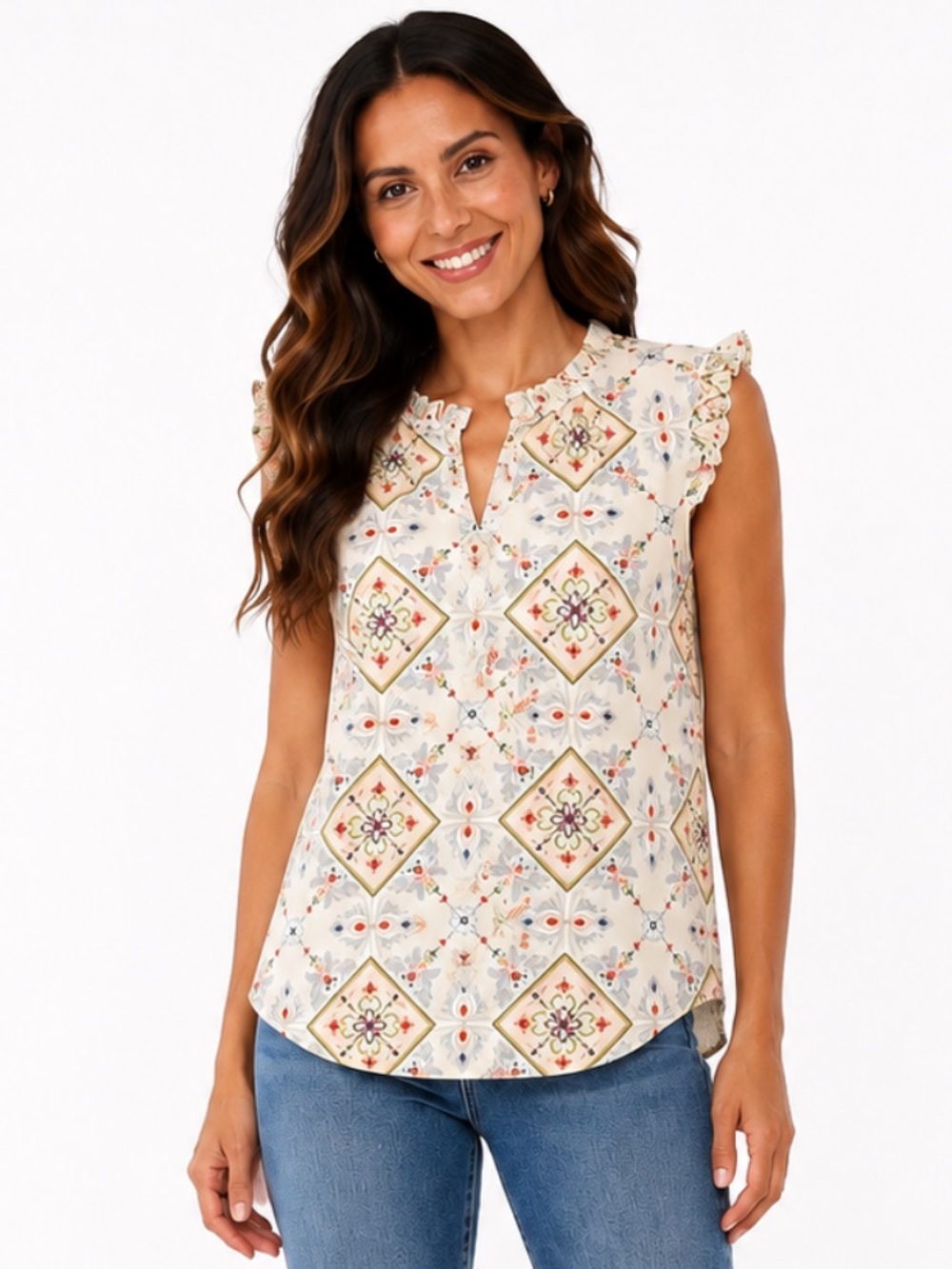 Rockin C XL Embroidered Boho Floral Ruffle Sleeve Cotton Blouse